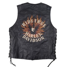 Vintage Harley Davidson Mens Medium Embroidered "Ride Free" Leather Vest Black