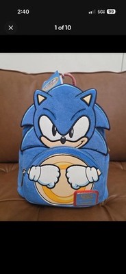Loungefly Sonic the Hedgehog Mini Backpack Blue/Red Faux Fur Zip Top Handle