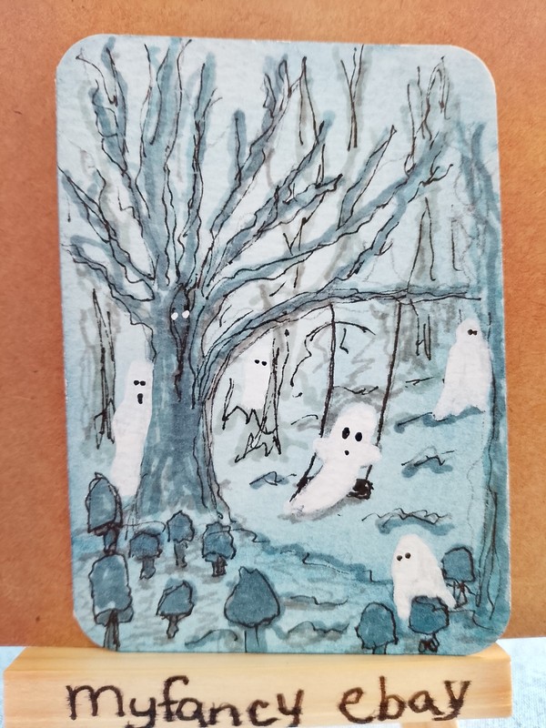 ACEO  ATC Dark creepy Ghost on a swing painting new 3.5" x 2.5" myfancy