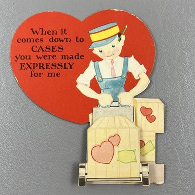 Vintage Mechanical Valentine Man Cart Of Gifts Die Cut 5'' Made Expressly For Me