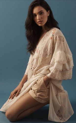 Anthropologie Kaftan Women Ivory Embroider Sheer Retro Cottagecore One Size NWT - Picture 3 of 14