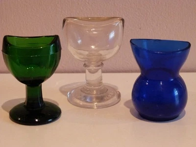 Vintage Eye Bath x 3 Pedestal & Reservoir Green Blue & Clear British & Foreign - Image 1 of 4