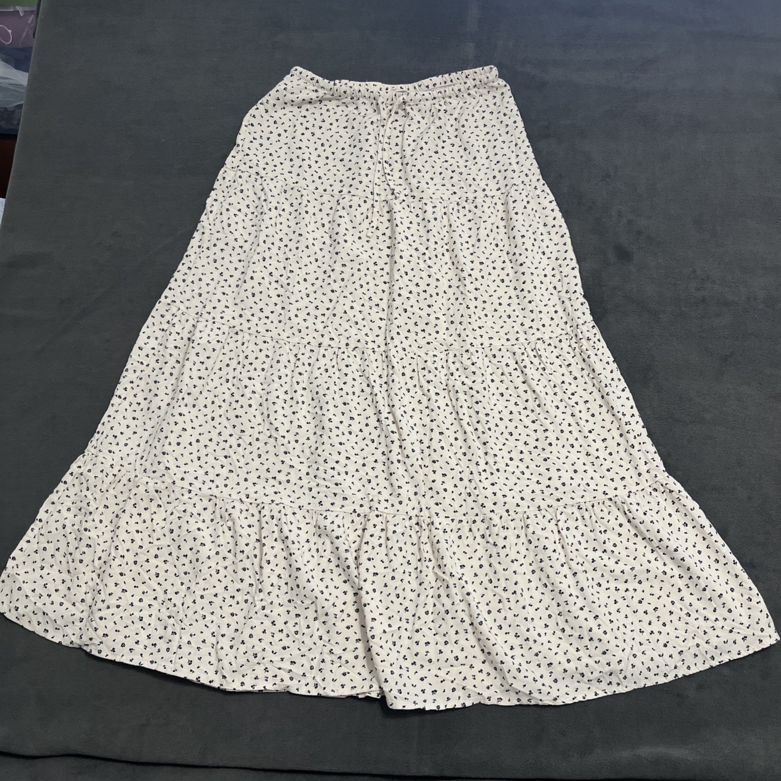 John Galt Maxi Skirt Tiered Floral Medium Tie Waist Boho Hippie Cream And Black