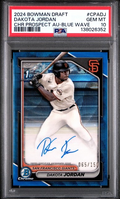 2024 BOWMAN DRAFT CHROME PROSPECT AUTOS BLUE WAVE DAKOTA JORDAN 65/150 PSA 10