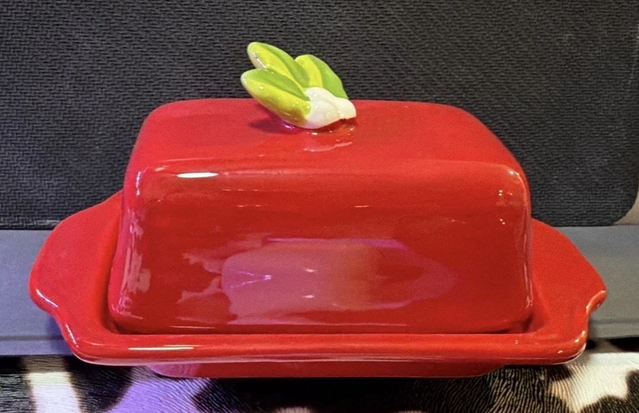 Ceramic Red Mini Covered Butter Dish “You Butter Be Good” with Green Leaf 5” - Image 3 of 4