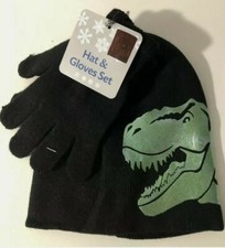 Children's Black W/Green Dinosaur Winter Hat Gloves Set New