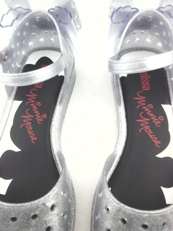 MELISSA Minnie Mouse Chrome Silver Glitter Mary Jane PVC Bow Shoes US 6/37 RARE - Image 4 of 4