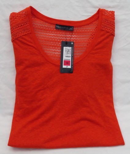 TOP DONNA MARKS AND SPENCER ARANCIONE BRILLANTE A MANICHE CORTE CON LINO TAGLIA 18 - Foto 2 di 8