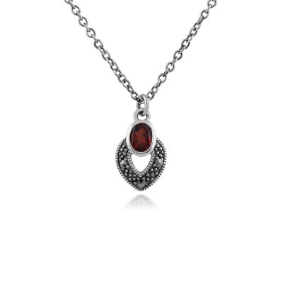 Pendentif Collier Ovale Argent 925 Art Déco Avec Grenat Et Marcasite - Gemondo Neuf