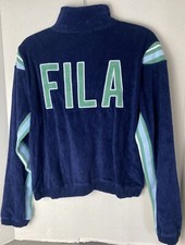 Vintage Fila Velour Track Jacket Navy Blue Green White Active Women  s Size Large
