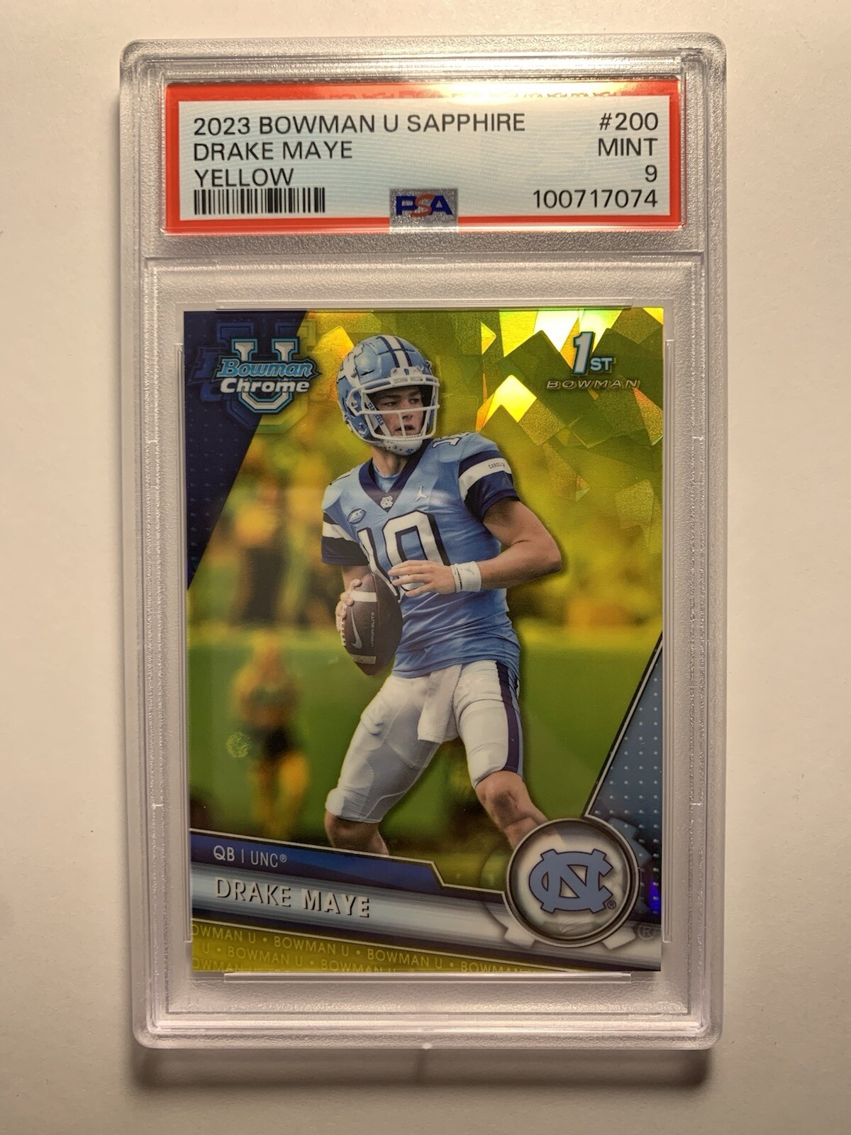 2023 Bowman Chrome U Sapphire DRAKE MAYE 1st Yellow /75 PSA 9 UNC PATRIOTS #200