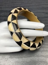 Vintage Brass base black white domed Inlay Bangle bracelet BoHo