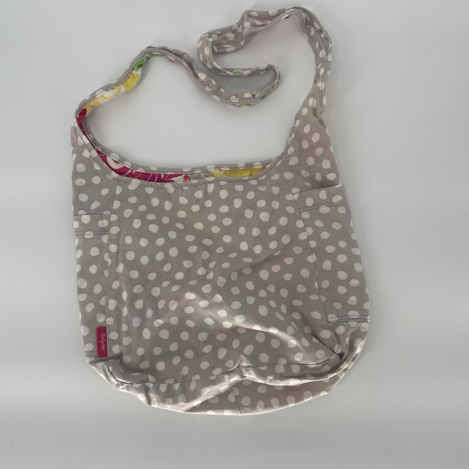 Thirty One Inside Out Tote Gray White Polka Dots Floral Inside Reversible