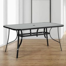 Extra Large 150cm Black Tempered Glass Dining Table w/ Parasol Hole Garden Patio