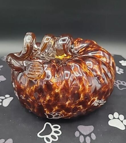 Hand Blown Art Glass Harvest Pumpkin Amber Tortoise Shell Pattern - Afbeelding 1 van 6