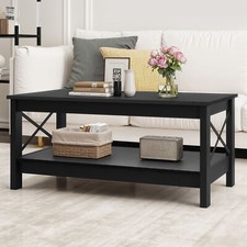 Xelsyo Farmhouse Coffee Table w/Storage Shelf Rectangular Table for Living Room
