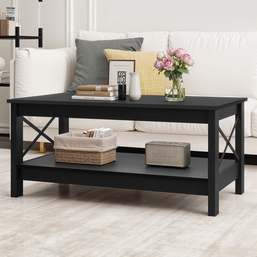 Xelsyo Farmhouse Coffee Table w/Storage Shelf Rectangular Table for Living Room - Picture 1 of 8