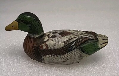 Vtg Mini Duck Bird Figurine Wooden Hand Carved Painted Decorative Multicolor