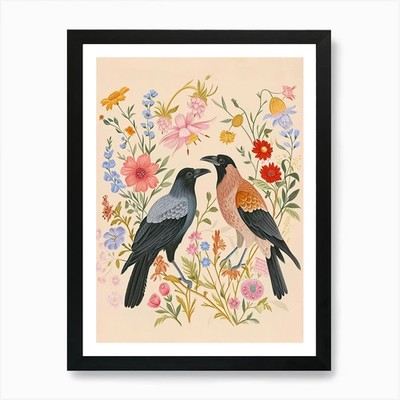 Folksy Floral Tier Zeichnung Krähe ein gerahmtes Wandbild Poster Leinwanddruck Bild