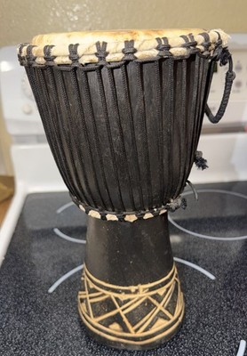 Hand Carved African Djembe Drum 12  Wood GeometricalDesign Tribal Percussion Art