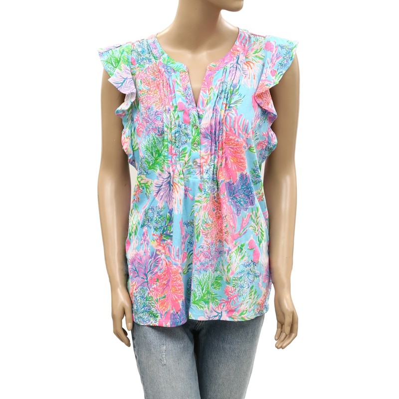 Lilly Pulitzer Golda Blouse Top Ruffle Pintuck Floral Printed Cotton L 288232