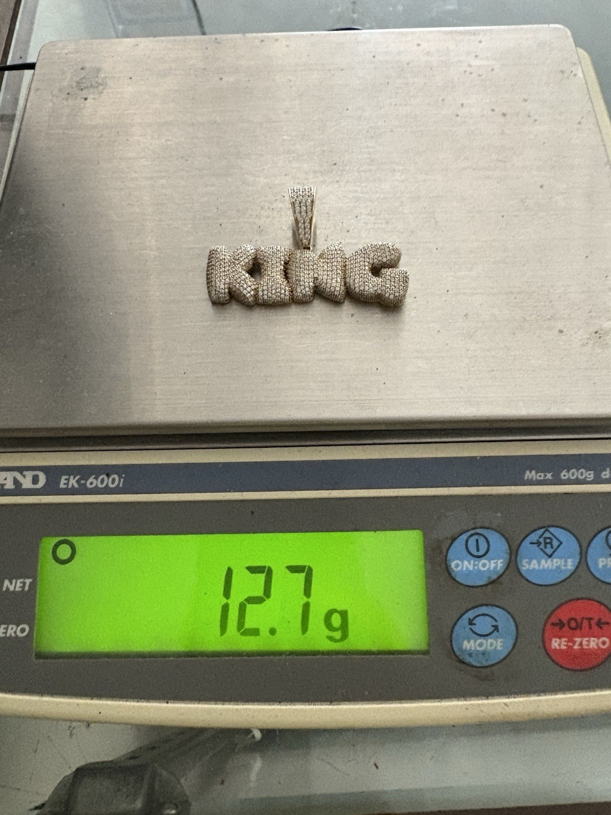 10K Solid Yellow Gold Iced King Script Charm Pend… - image 8