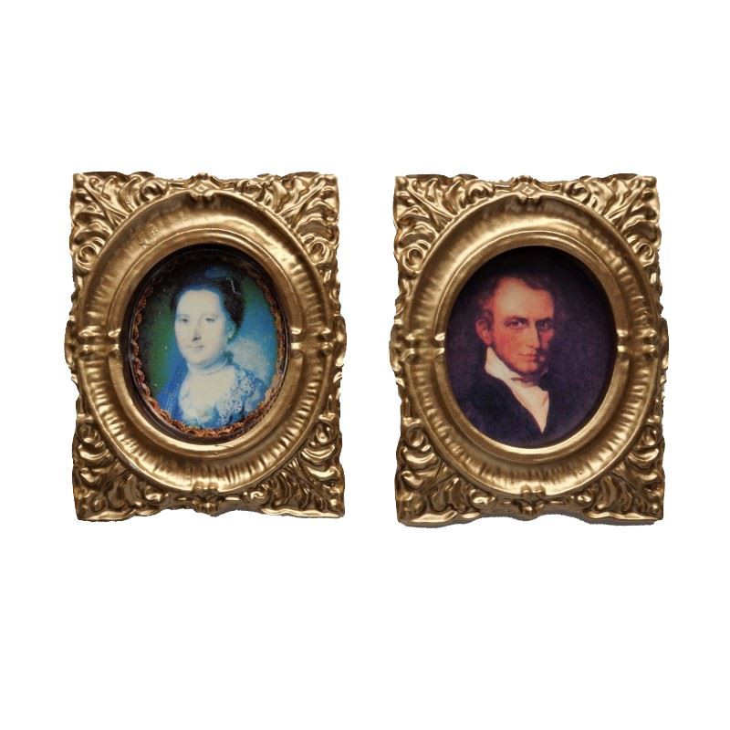 Dolls House 2 Victorian Portrait Pictures Paintings in Miniature Gold Frames