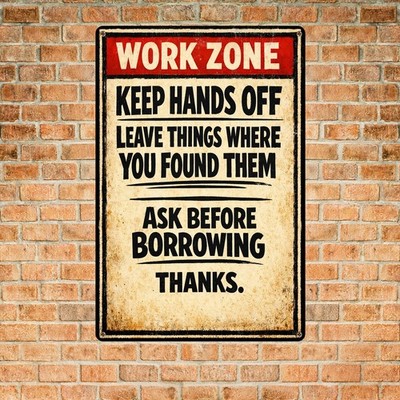 Funny Garage Work Zone Warning Distressed Metal Plaque 8x12