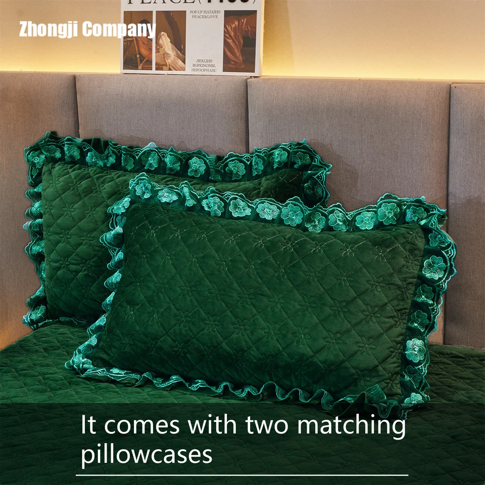 Thicken Lace Velvet Ruffle Bed Skirt Bedspread King Quilted Flower Luxury 3 Pcs - Image 3 of 4