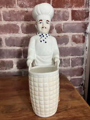 Vintage Ceramic Statue Chef Holding Barrel, 13 1/2 inches tall