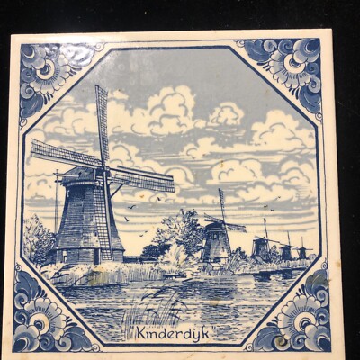 Vintage Windmill Row Kinderdyk Tile Blue White Royal Mosa Holland 6  X 6 
