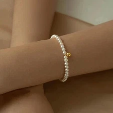 Woman Fashion Gold Plated Pearl Beaded Balls Bangle Bracelet Cuff