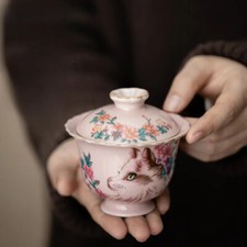 Pink Ru Kiln Flower Cat Gaiwan Tea Tureen Tea Cup Tea Maker Kung Fu Tea Set