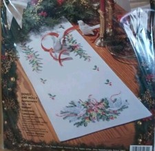 Bucilla Stamped Embroidery Tablerunner Doves Holly Kit Table Runner 82982