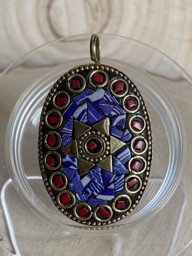 Large Mosaic Tibetan Pendant Natural Coral And Blue Gemstones Oblong Oval - 第 1/4 張圖片