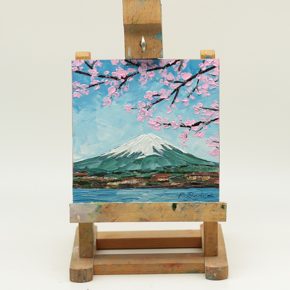 Mount Fuji Original Oil Painting Landscape Cherry Blooming