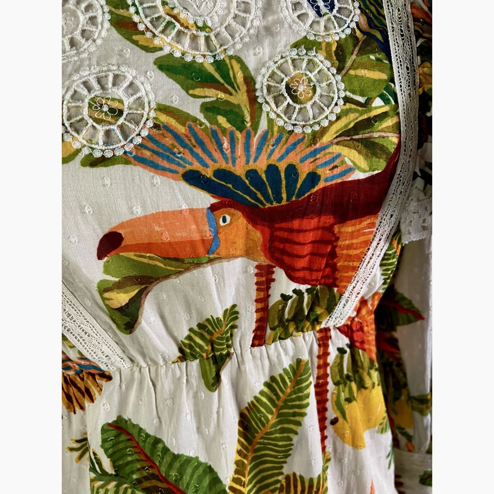 OFF WHITE Mini abito nuovo con etichette Farm Rio Off White Forest Birds stravagante maniche lunghe pizzo XS