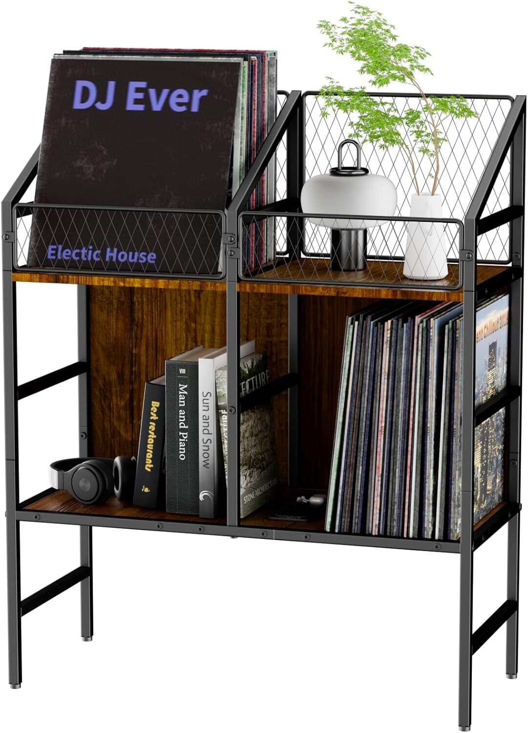 Vintage Vinyl Record Storage Cabinet Shelf Holder Rack, Wood Album Display Table-image