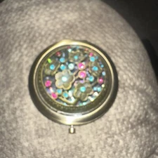Victorian Trading Bronze Cloisonné Flower Rhinestone Mirror Compact