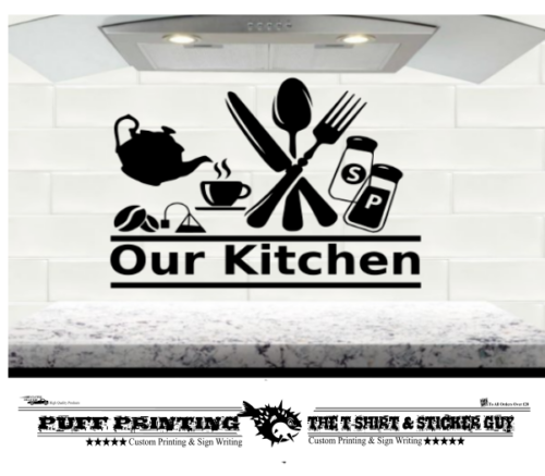 Wall Art Our Kitchen  Stickers  cutlery  vinyl home decor coffee pots pans - Picture 1 of 3