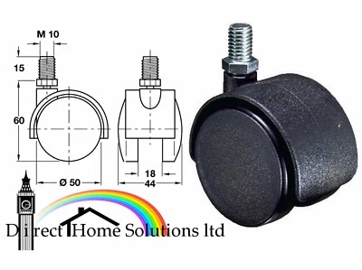 HAFELE PACKS OF CASTOR WHEEL M10 x15mm THREAD Ø 50mm WITHOUT BRAKE - BLACK OFFICE CHAIR