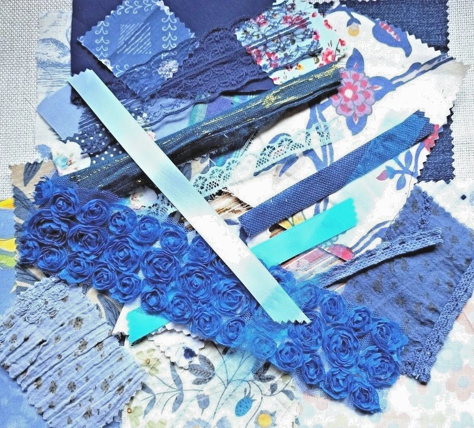 Shades of Blue Fabric Scraps Bundle Slow Stitch Inspirational Kit 60 Pcs Sewing - Image 2 of 4