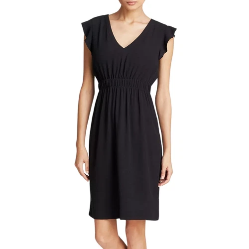 Abito donna Kate Spade taglia 10 nero mini svolazzante manica crepe preppy cocktail