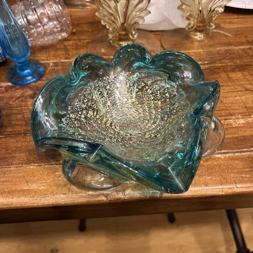 Venetian MURANO Art Glass Ruffled Bowl, Gold & Silver Leaf & Controlled Bubble