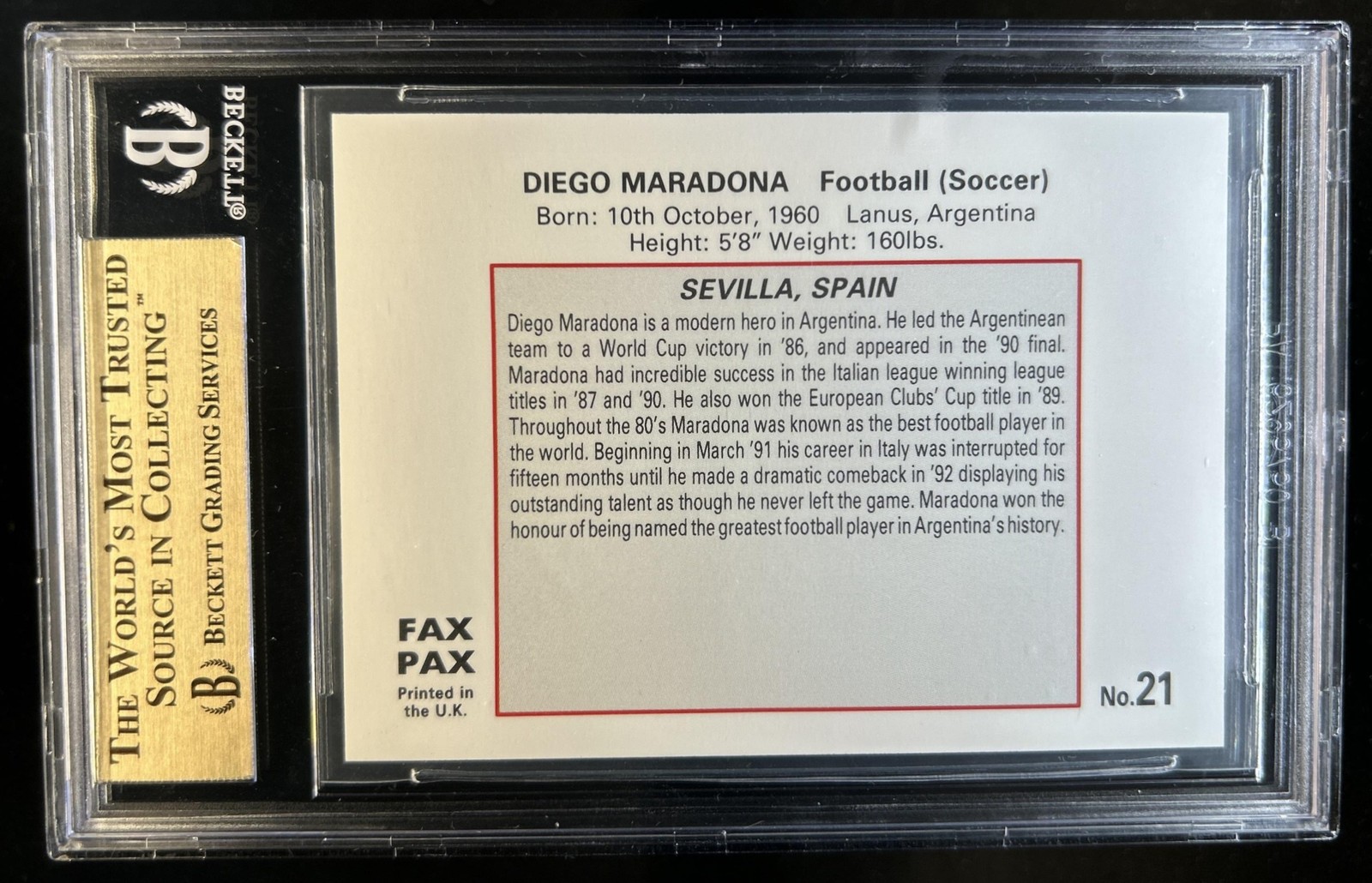 1993 Fax Pax Diego Maradona World Of Sport #21 BGS 9.5 Gem Mint view 2