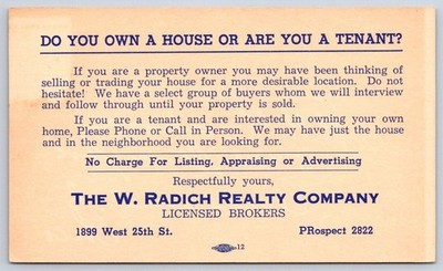 Vintage Real Estate Advertising Postcard W. Radich Realty 1946