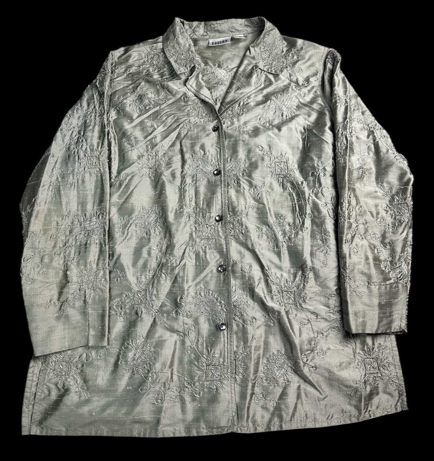 ✨ Chico’s Design Embroidered Silk Jacket Top Taupe Sage Size 2 ✨