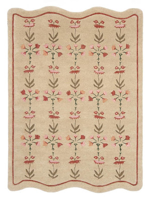 Handgetufteter beige Wollteppich Blumenmuster mit rosa rot grünen Motiven und...