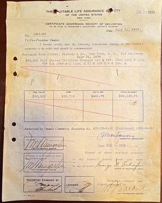 Equitable Life Assurance Signed Securities Receipt Cert 1939 w/ Revenue Stamp 