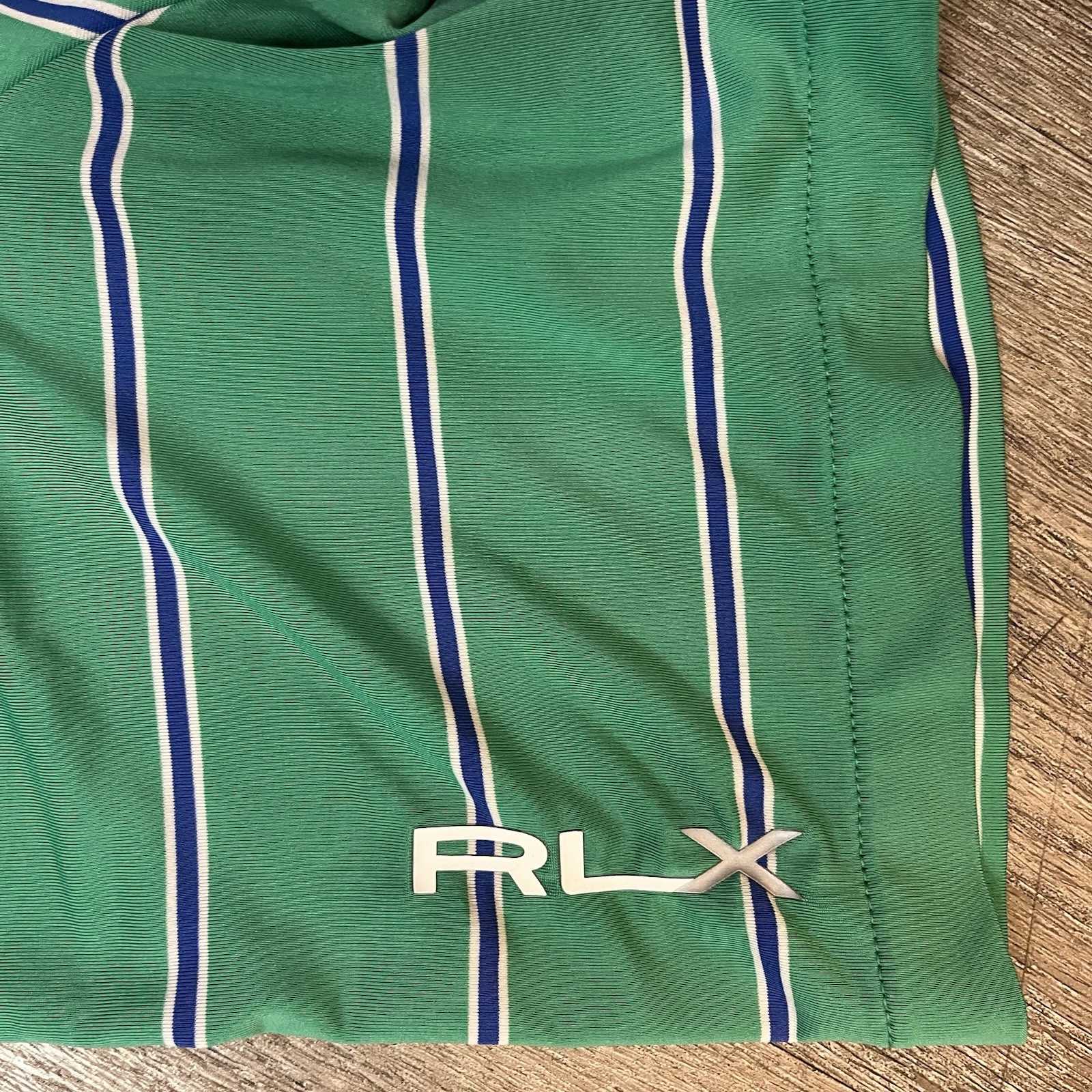 RLX Ralph Lauren Polo Shirt Mens L Green Golf Stripe Button Embroidered Stretch thumbnail 3
